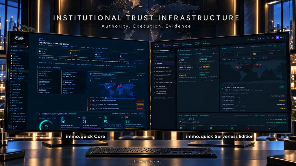 Original home screens of immo.quick Core on the left and immo.quick Serverless Edition on the right, displayed on two monitors within an AI-generated setting.