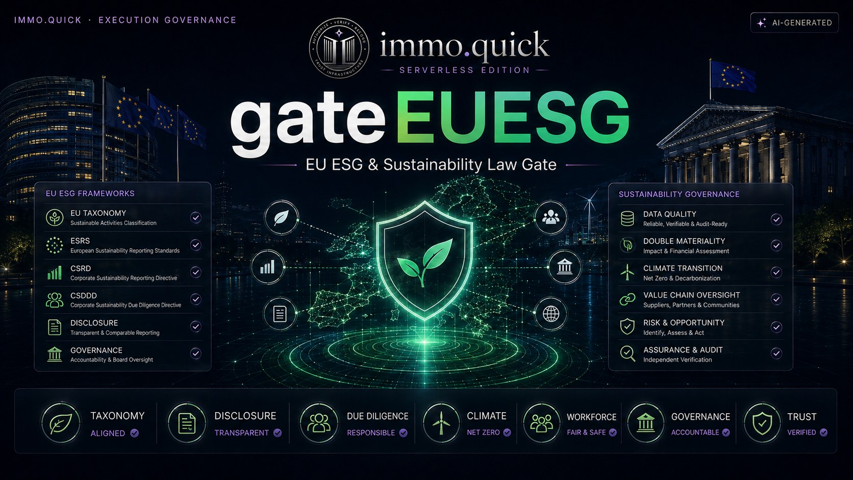 gateEUESG — Seven frameworks, one sustainability gate.