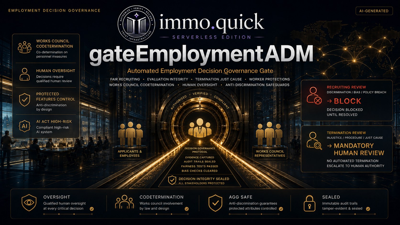gateEmploymentADM — Recruiting blocks. Termination escalates to a human.