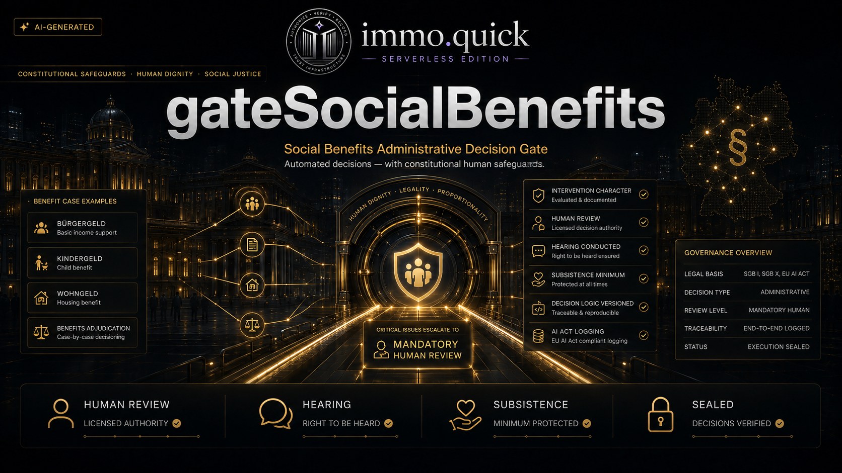 gateSocialBenefits — When block would itself be a rights violation, the gate forces a human.