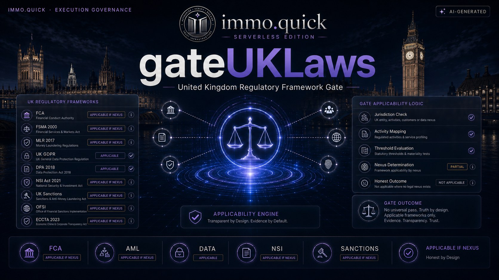 gateUKLaws — Six frameworks, honestly not applicable without a nexus.