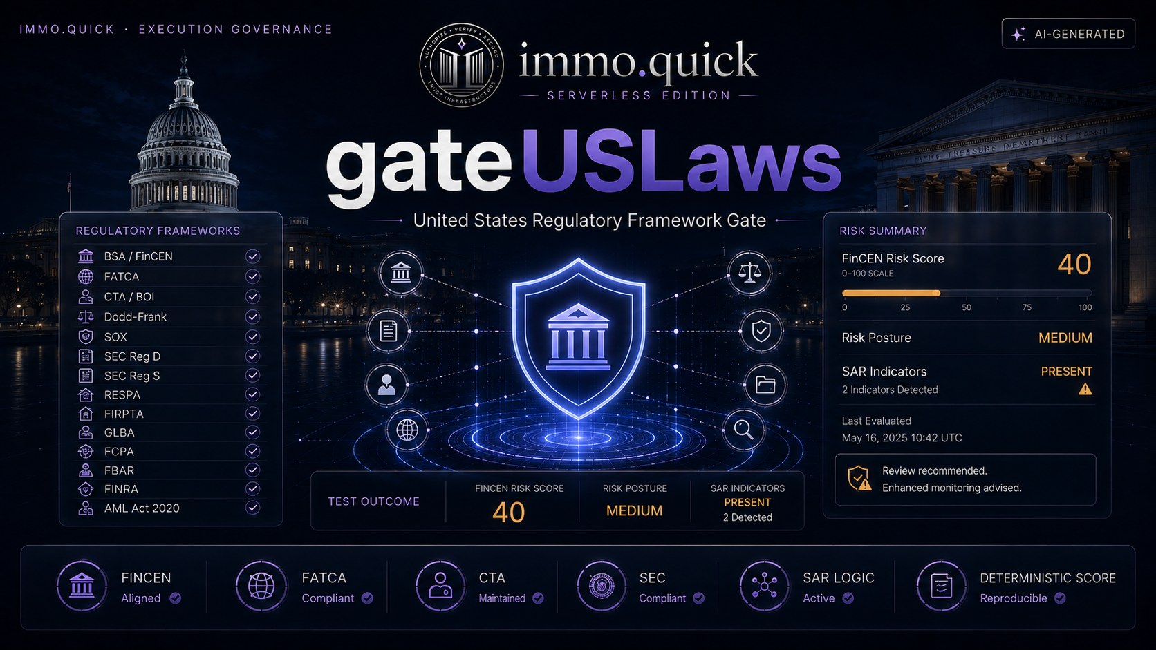 gateUSLaws — Twelve-plus frameworks, one calculated risk score.