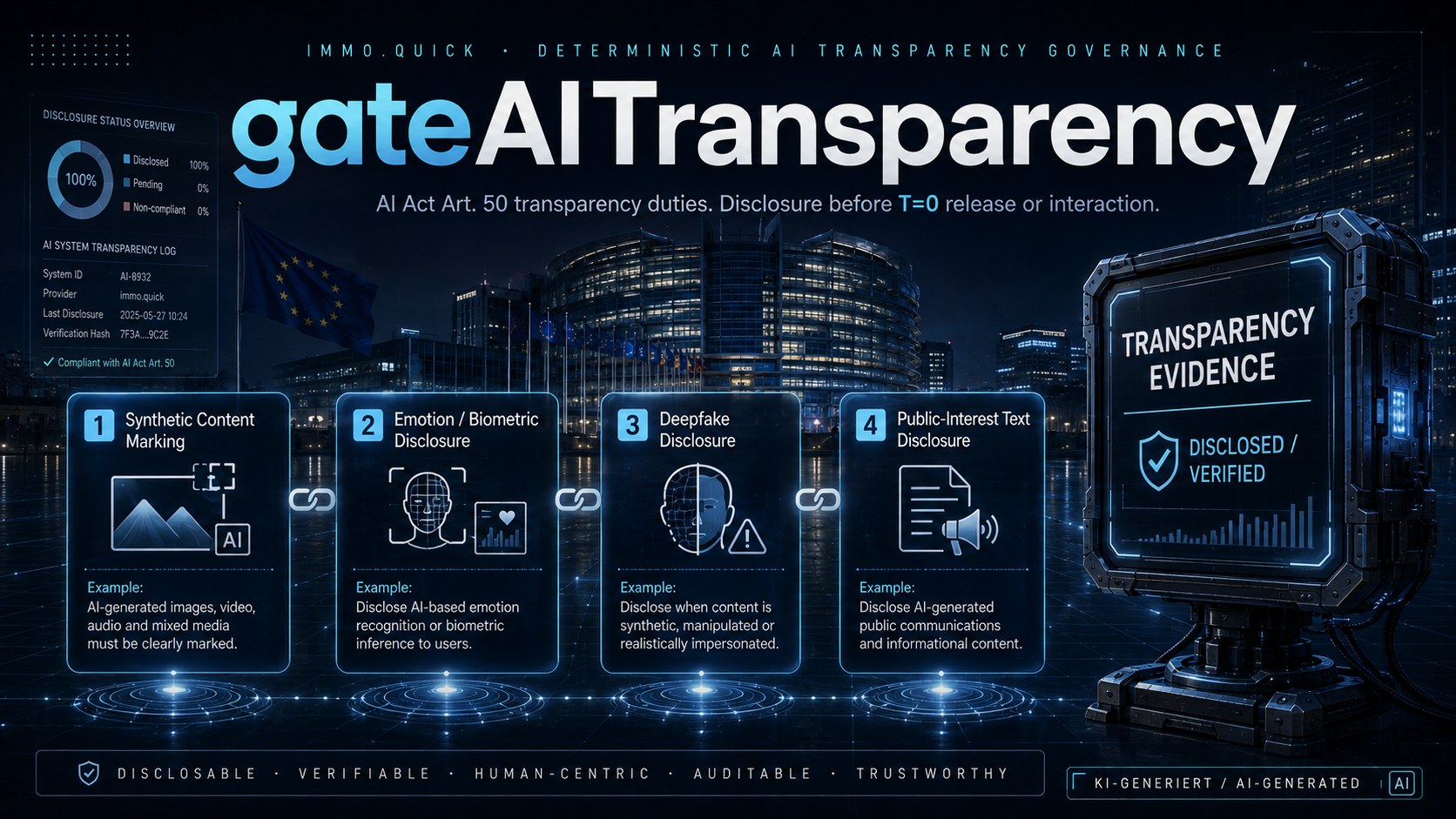gateAITransparency — EU AI Act Article 50 transparency duties.